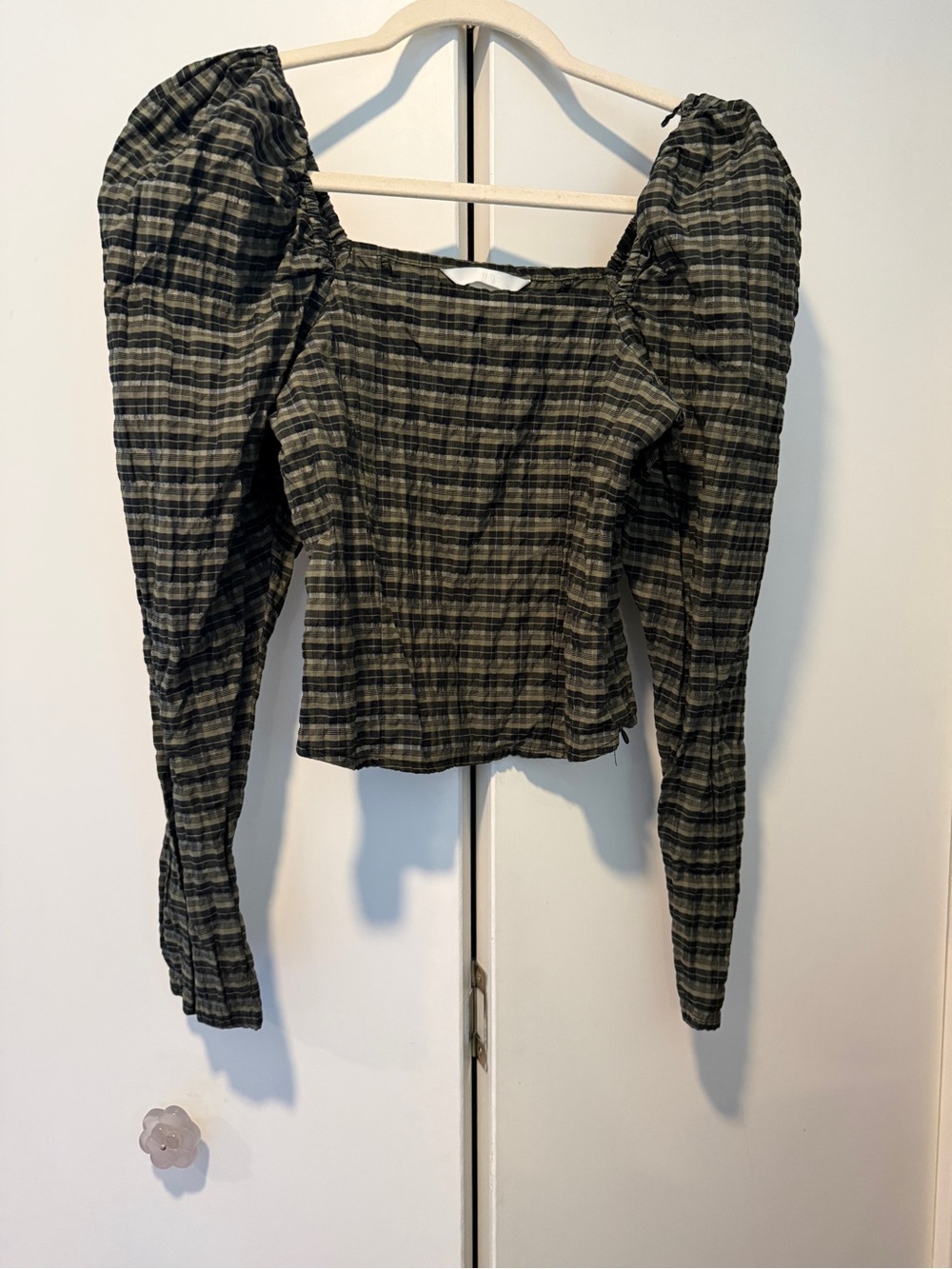 H&M Olive and Black Plaid Puff-Sleeve Square Neck Blouse